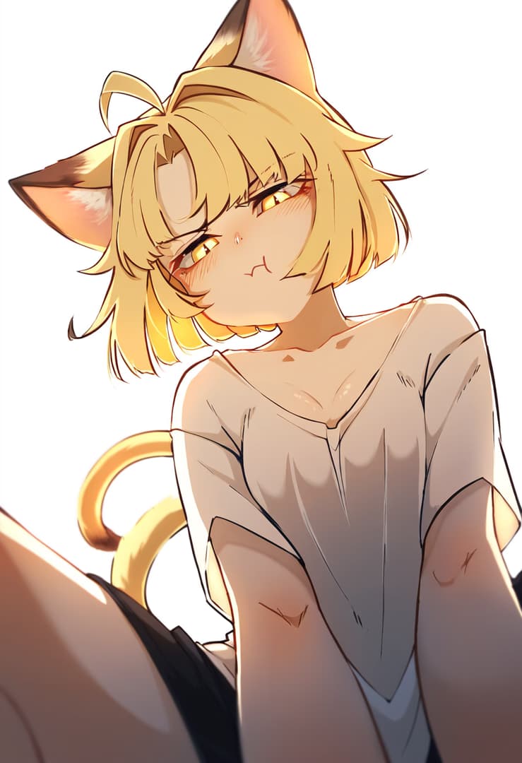 캐릭터 이미지 - cat girl with blonde hair and cat ears, winking with a playful expression, wearing a loose white shi