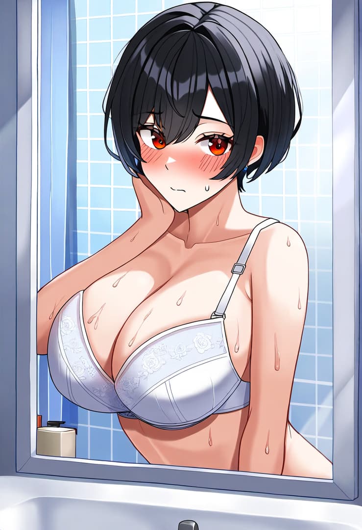 캐릭터 이미지 - topless in shower, wet skin, breasts exposed, blushing, seductive expression, looking at mirror