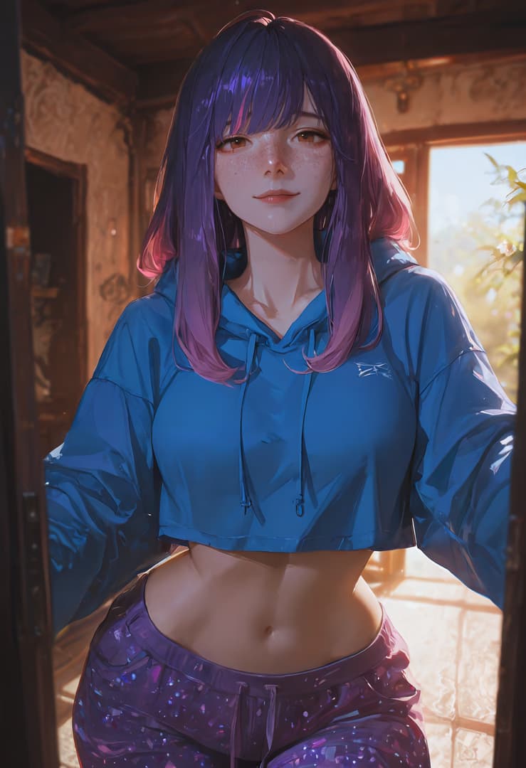 Immagine del personaggio - standing in doorway, wearing cropped blue hoodie and purple patterned pants, revealing toned midriff