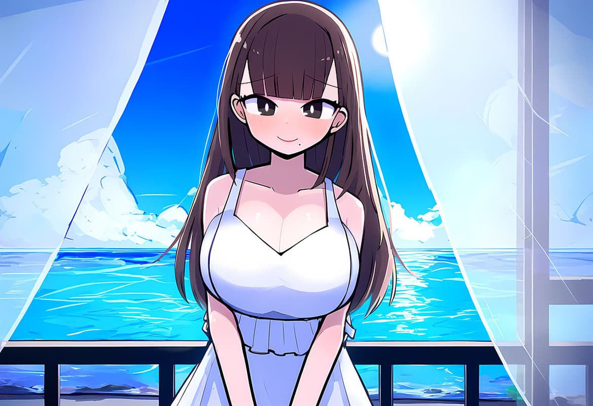 캐릭터 이미지 - happy expression, sitting on balcony, wearing white dress, ocean view, fully clothed, serene and rel