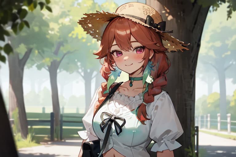 캐릭터 이미지 - happy expression, standing outdoors in a park, wearing a straw hat with a black bow, white blouse wi