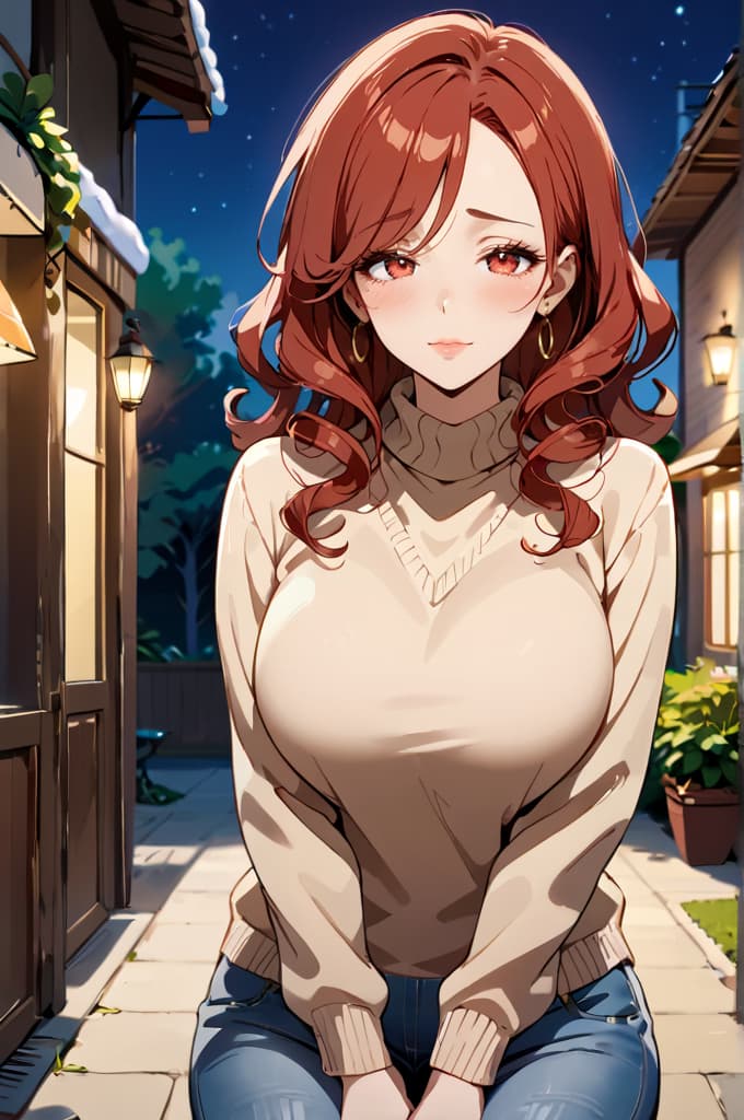 Imagem do personagem - sitting outdoors at night, wearing a cream turtleneck sweater and blue jeans, breasts fully visible