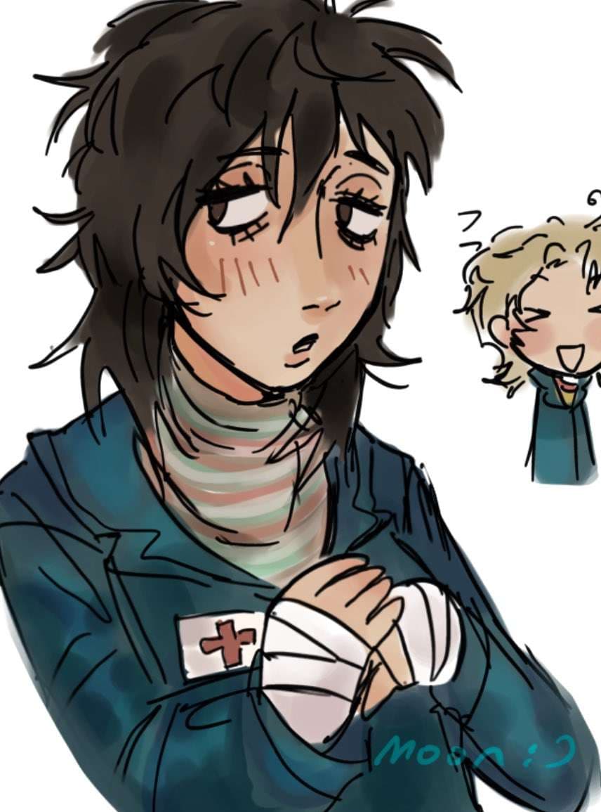รูปภาพตัวละคร - shy expression, blushing, bandaged hand, wearing medical uniform with cross patch, small character i
