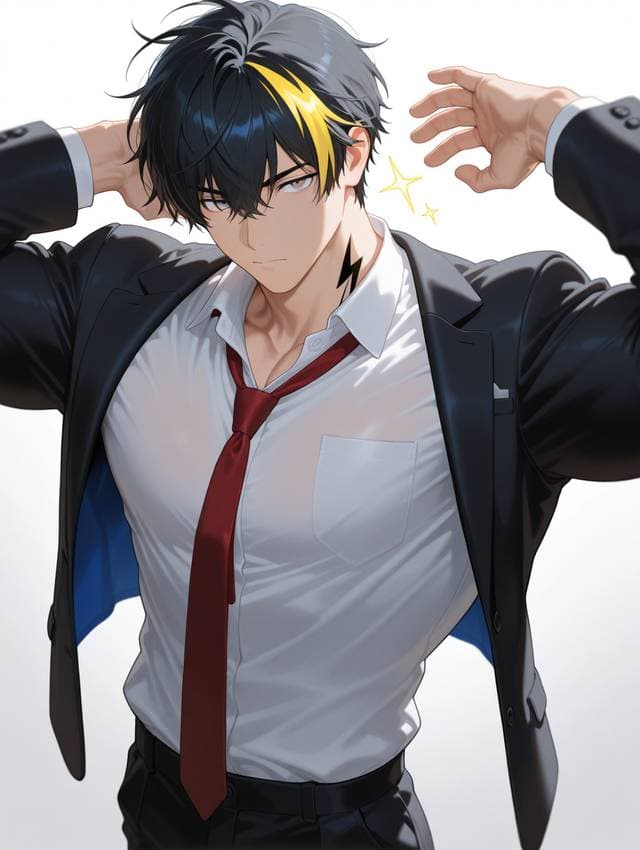 캐릭터 이미지 - confident expression, adjusting suit jacket, white shirt and red tie, black pants, hair with yellow