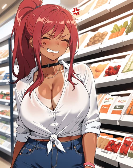 Charakterbild - happy and playful in grocery store, red hair in high ponytail, white button-up shirt tied at waist s
