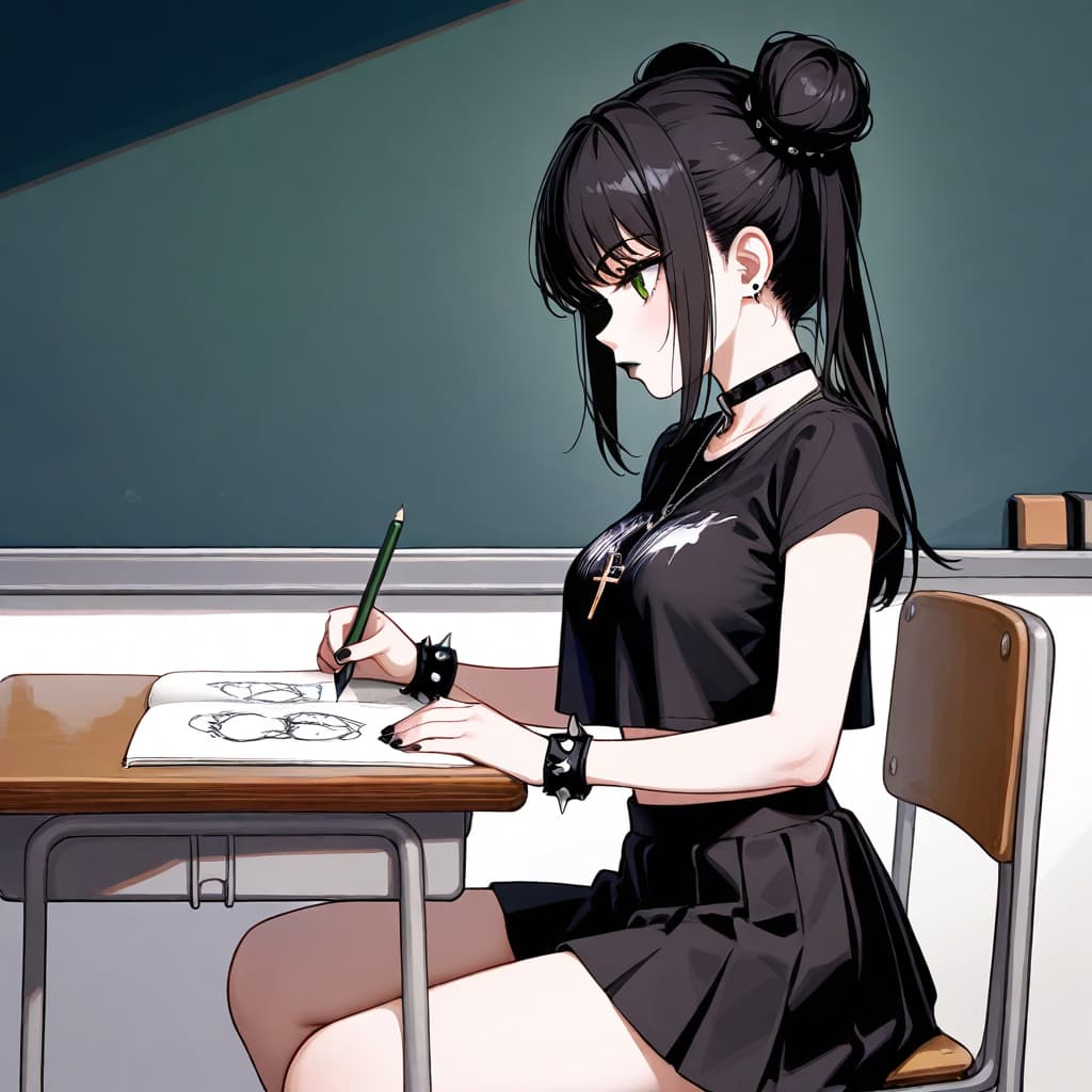 Imagem do personagem - sitting at school desk, drawing in notebook, wearing black crop top and skirt, black hair in high po