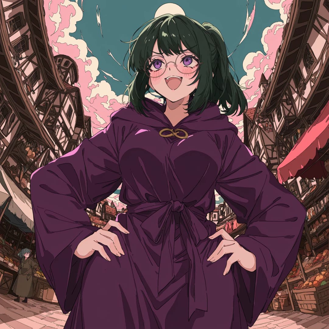 Imagen del personaje - happy and playful in a market, wearing a purple hooded robe with hands on hips, standing confidently