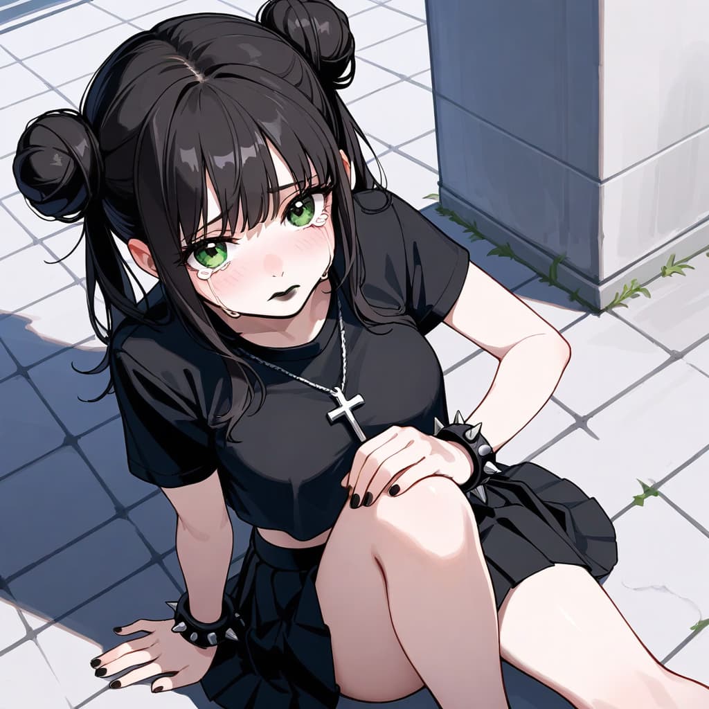 Imagem do personagem - sitting on tiled floor, green eyes, black hair in twin buns, wearing black crop top and skirt, cross