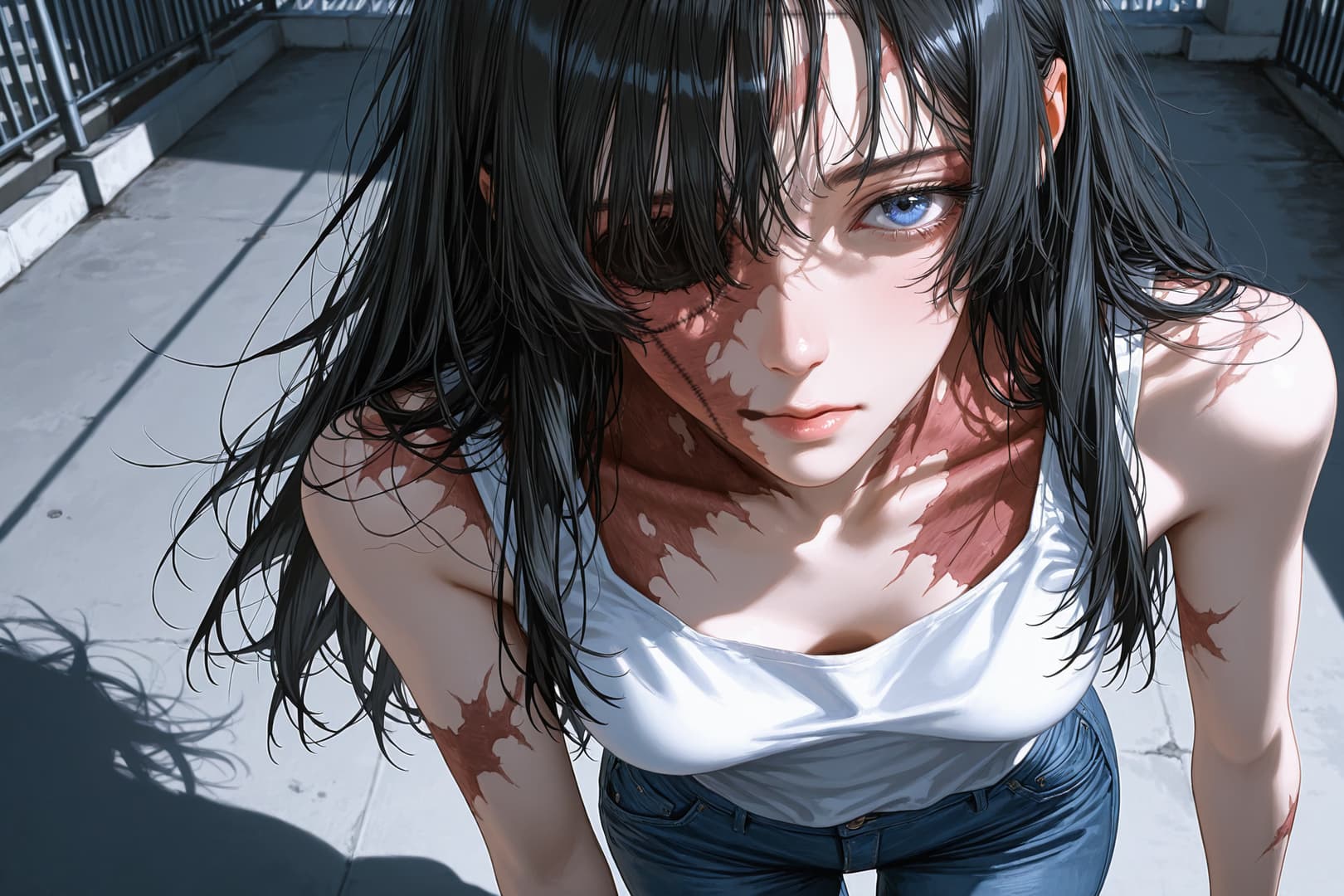 Gambar karakter - injured woman on concrete, wet black hair, one blue eye, white tank top and jeans, blood stains on f