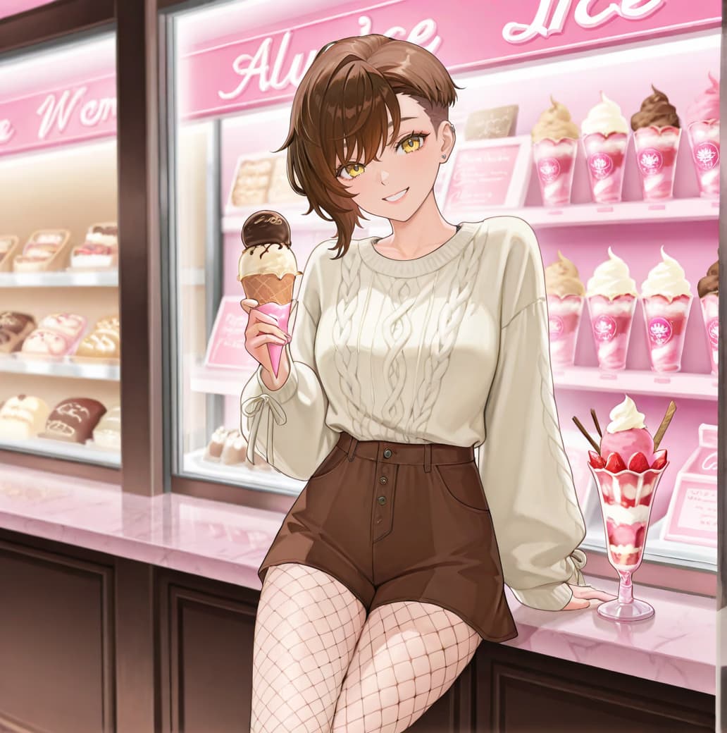 Charakterbild - sitting at a pink counter in a dessert shop, holding an ice cream cone, wearing a cream sweater and