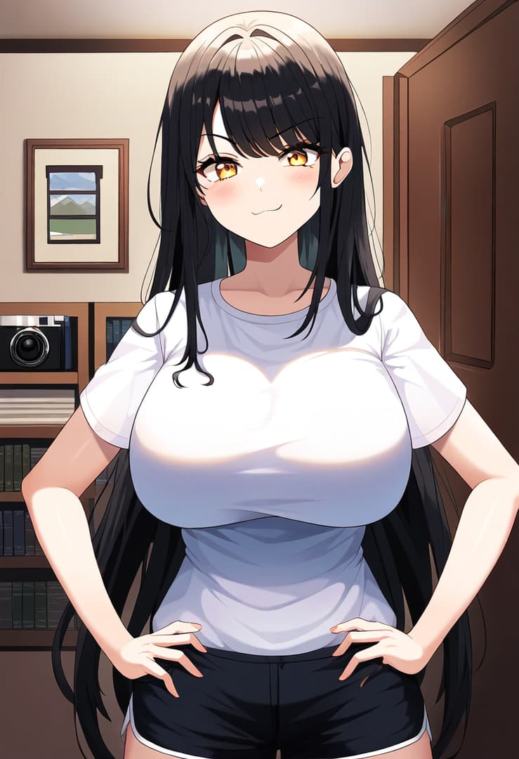 Karakter görseli - standing in bedroom, hands on hips, confident and playful expression, wearing white t-shirt and blac