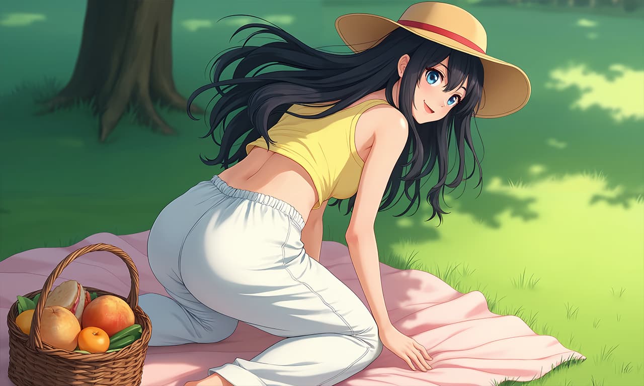 Obraz postaci - outdoors in park, kneeling on pink blanket, wearing yellow crop top and light pants, hat on head, lo