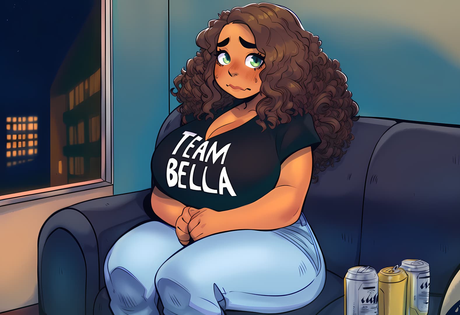 รูปภาพตัวละคร - sad expression, sitting on couch, wearing black "TEAM BELLA" t-shirt and light blue jeans, curly bro