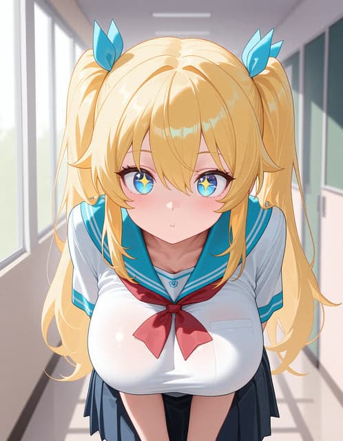 Obraz postaci - school uniform, blonde pigtails, blue eyes, looking down with shy expression, standing in hallway, t