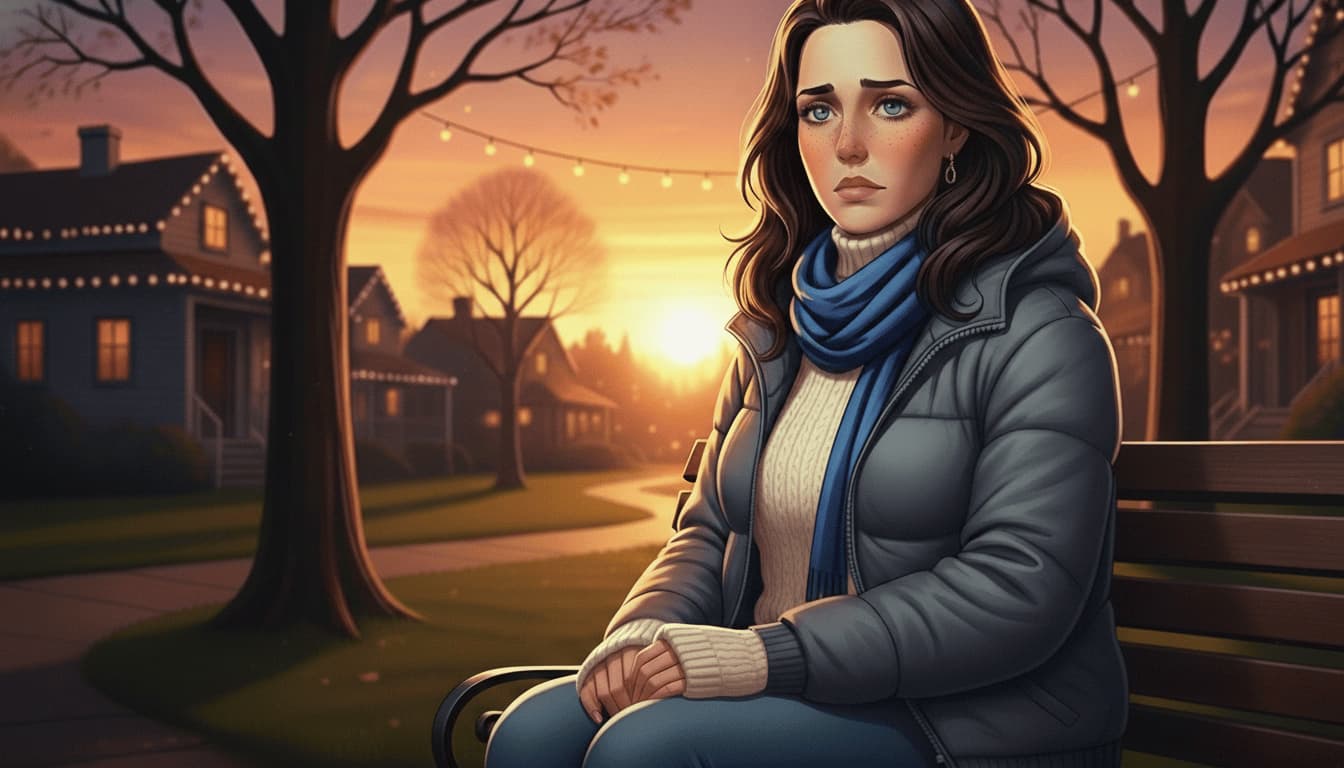 Immagine del personaggio - sitting on park bench, sad expression, wearing winter coat and scarf, outdoor at sunset, fully cloth