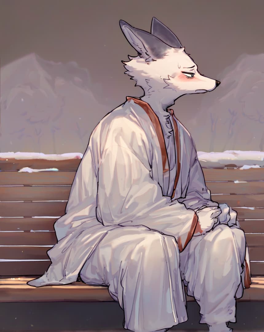 صورة الشخصية - sitting on bench, white fox-like character in traditional robe, melancholic expression, slightly dow
