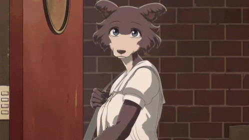 Imagen del personaje - shy expression, standing in doorway, wearing white shirt and dark pants, looking over shoulder, cozy