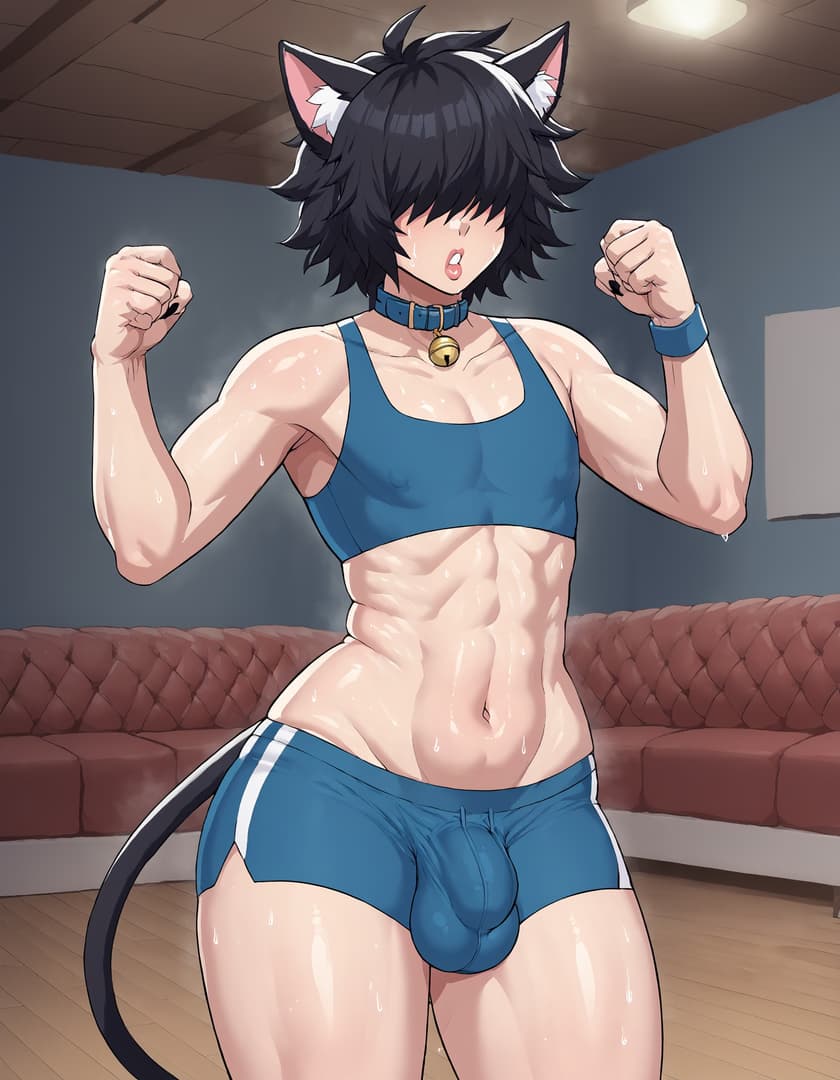 Karakter görseli - muscular cat-eared person in blue sports bra and shorts, sweating and flexing muscles, aroused expre