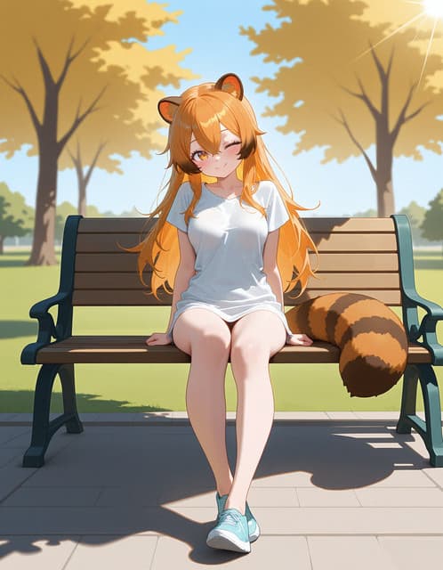 Immagine del personaggio - sitting on park bench, orange-haired girl with fox ears and tail, wearing white t-shirt and shorts,
