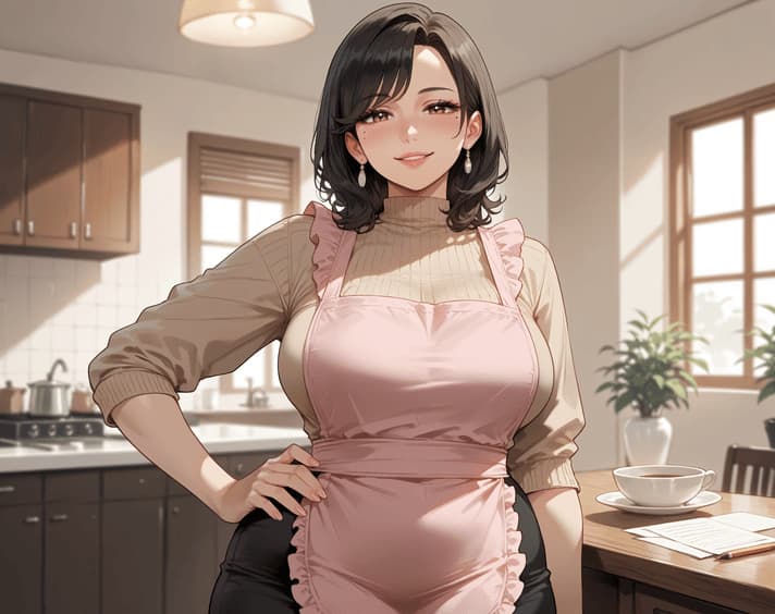 Immagine del personaggio - in kitchen, wearing pink apron over beige turtleneck, confident smile, hand on hip, fully clothed, c