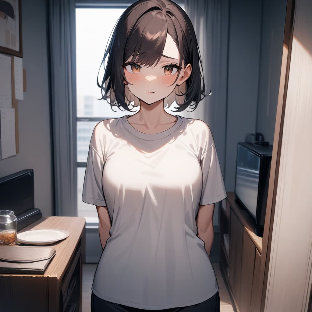 Gambar karakter - shy expression in bedroom, wearing white t-shirt and dark pants, standing with hands behind back, so