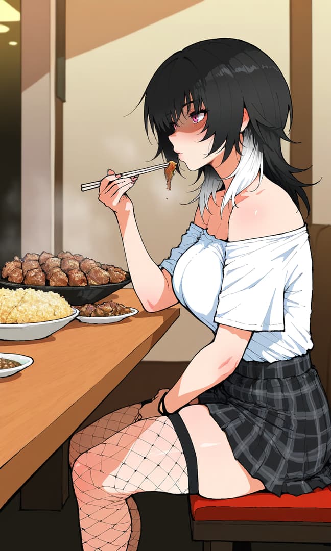 Character image - sitting at a table in a restaurant, eating with chopsticks, wearing a white off-shoulder top and pla