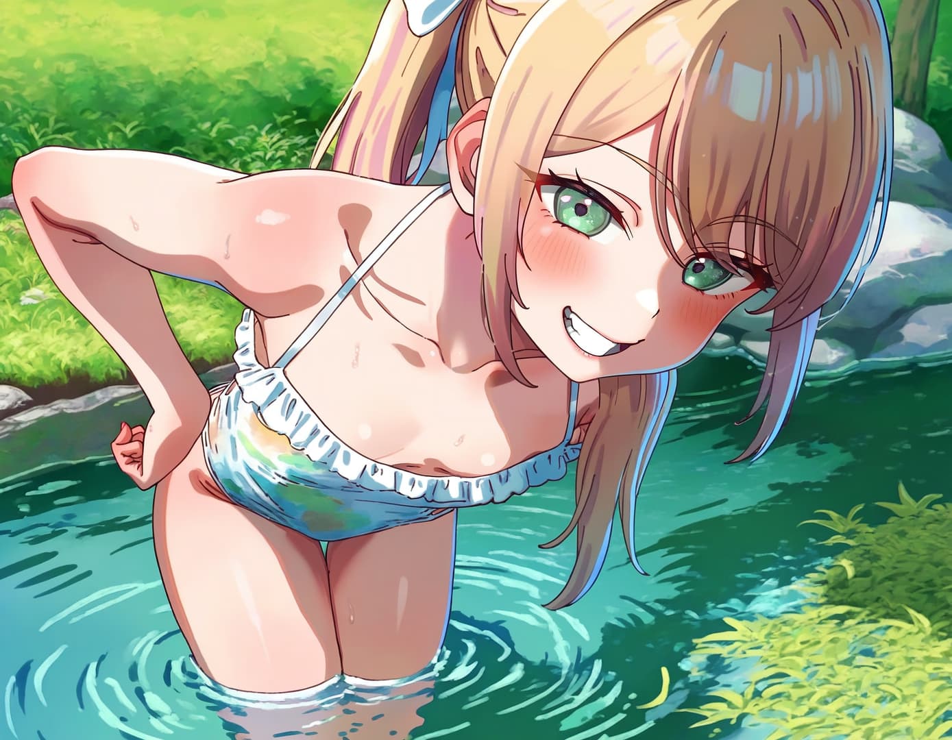 صورة الشخصية - in water, smiling playfully, wearing a bikini, wet skin, green eyes, blonde hair, outdoor setting, h