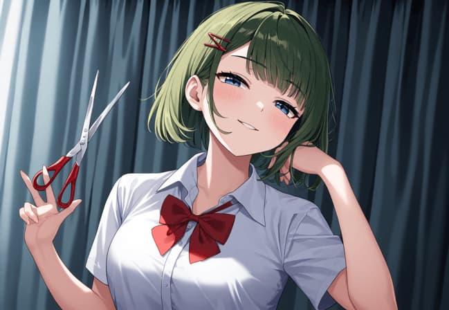 Obraz postaci - smiling with a playful expression, holding scissors in hand, wearing a school uniform with a red bow