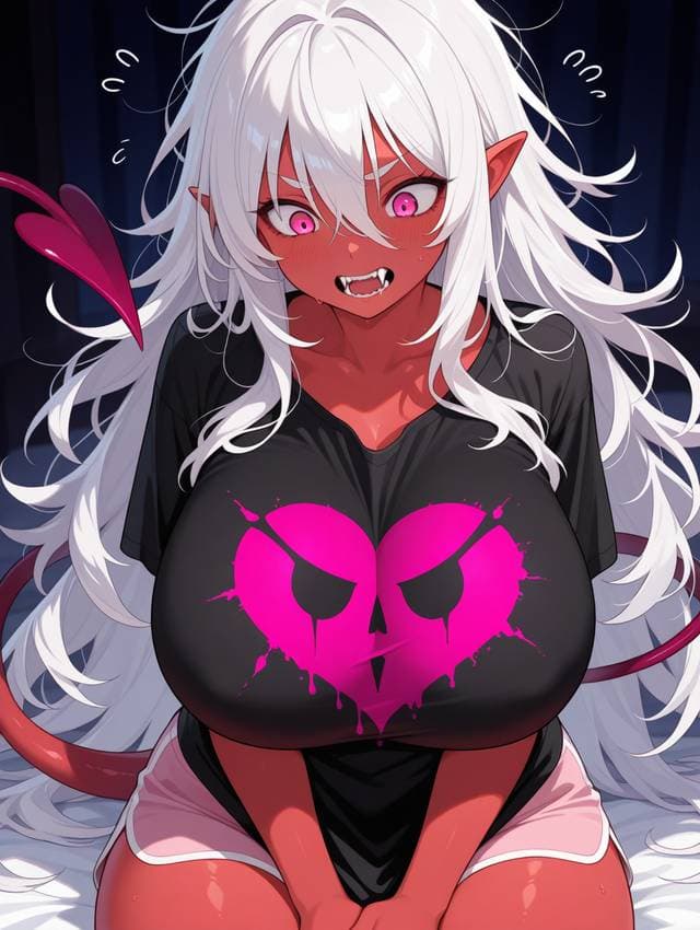 صورة الشخصية - nude on bed, legs spread, seductive expression, white hair, red skin, pointed ears, pink eyes, fangs