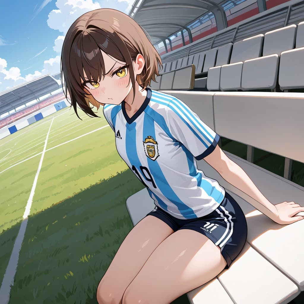 캐릭터 이미지 - sitting on stadium bench, wearing Argentina soccer jersey and shorts, legs slightly spread, confiden