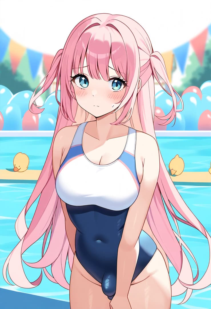 Изображение персонажа - pink-haired anime girl in blue and white swimsuit at pool, standing with legs slightly apart, blushi