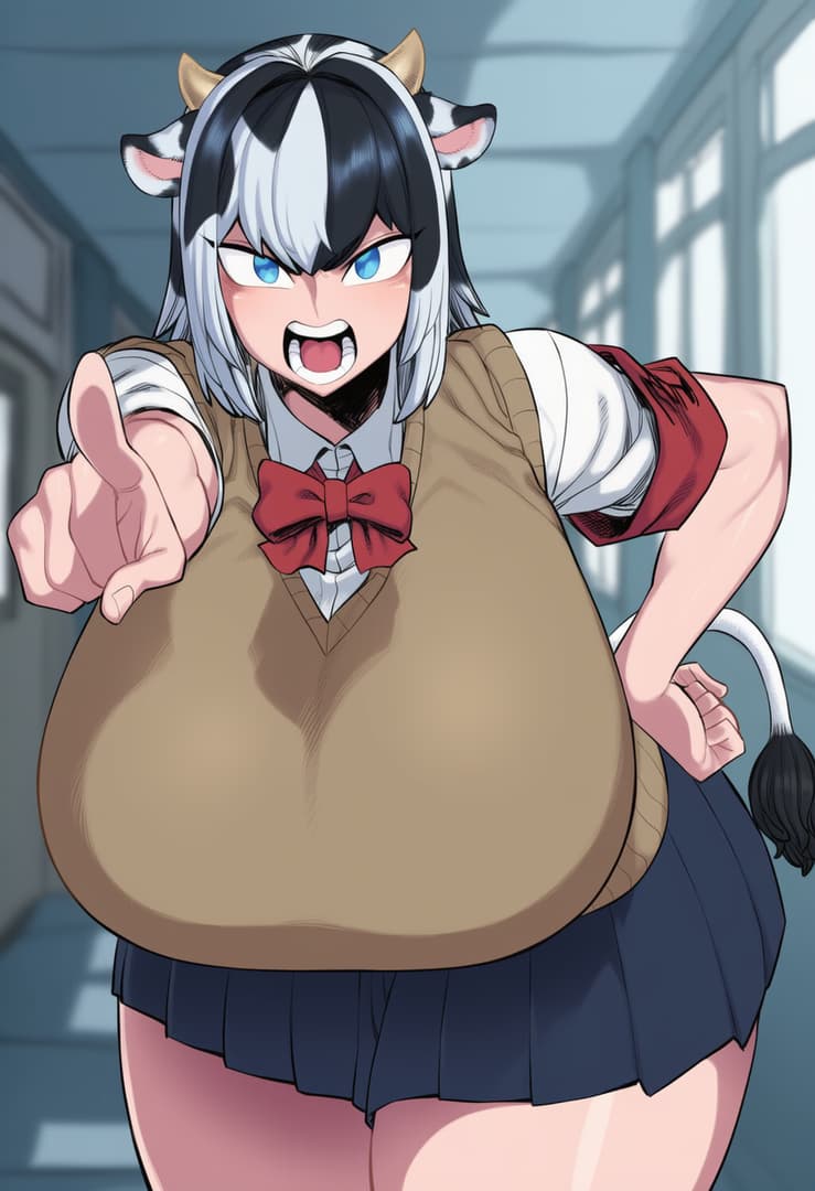 Charakterbild - angry expression, pointing finger, wearing school uniform with brown vest and red bow tie, cow ears