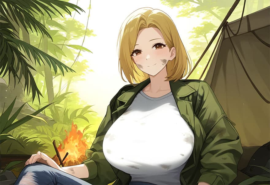 Obraz postaci - sitting in jungle camp, smiling with smudged cheeks, wearing white t-shirt and green jacket, breasts