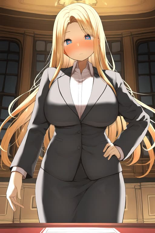 Karakter görseli - blushing with a shy expression, standing in a formal office setting, wearing a black business suit w