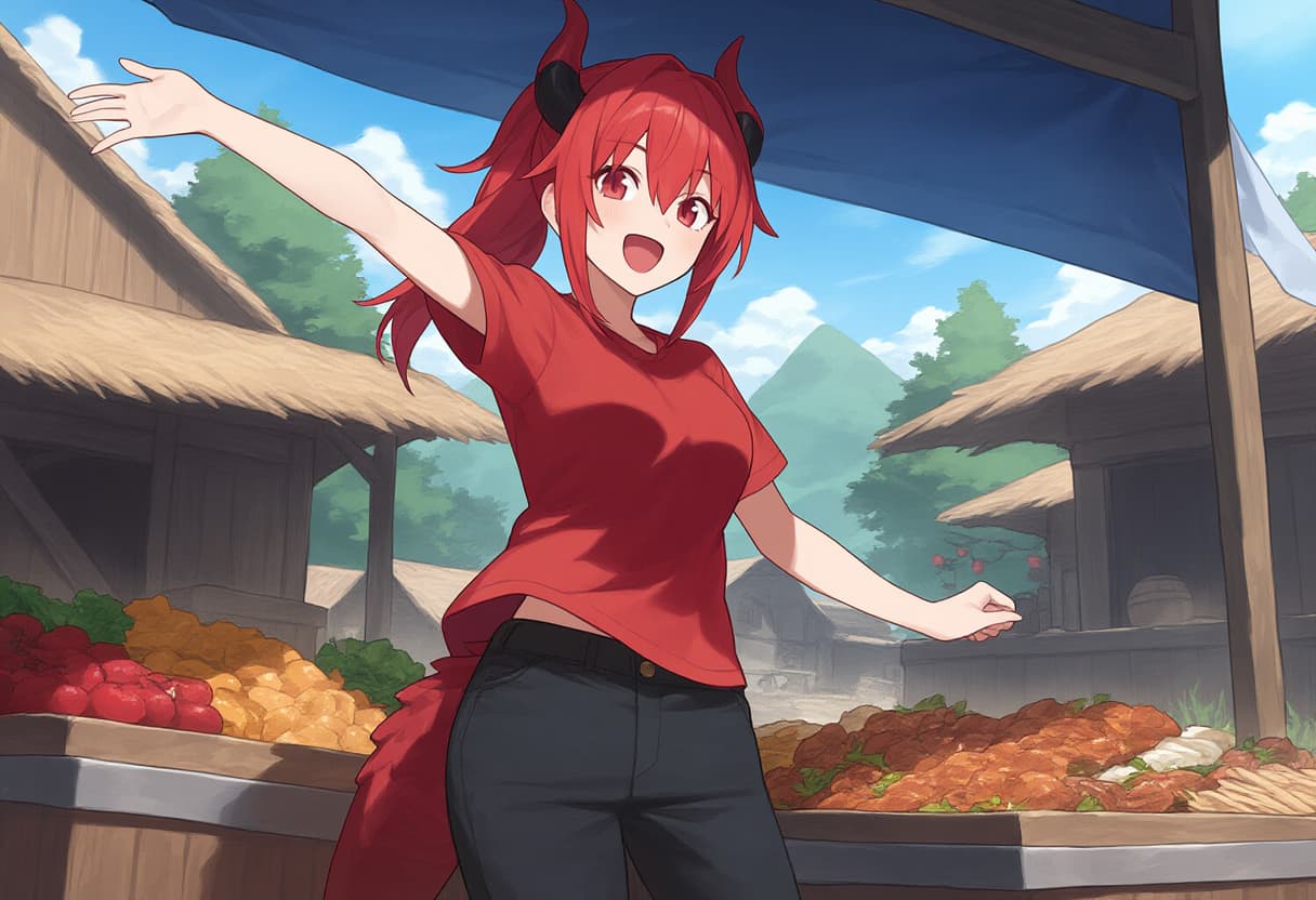 صورة الشخصية - Happy and energetic, red-haired girl with small horns and a tail, wearing a red t-shirt and dark pan