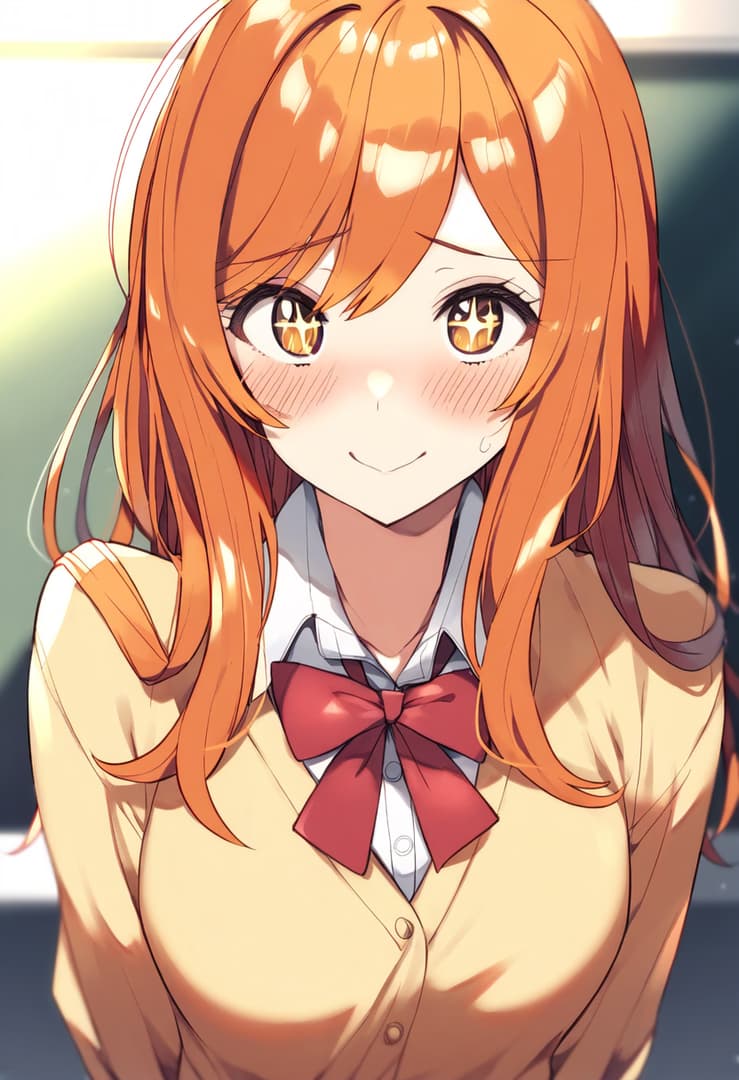 Charakterbild - happy smile, school uniform with red bow tie, orange hair, blushing, looking directly at viewer, clo