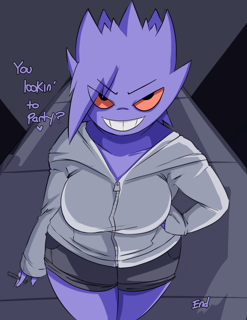 Image du personnage - angry expression, standing with hands on hips, wearing gray hoodie and shorts, purple skin, red eyes