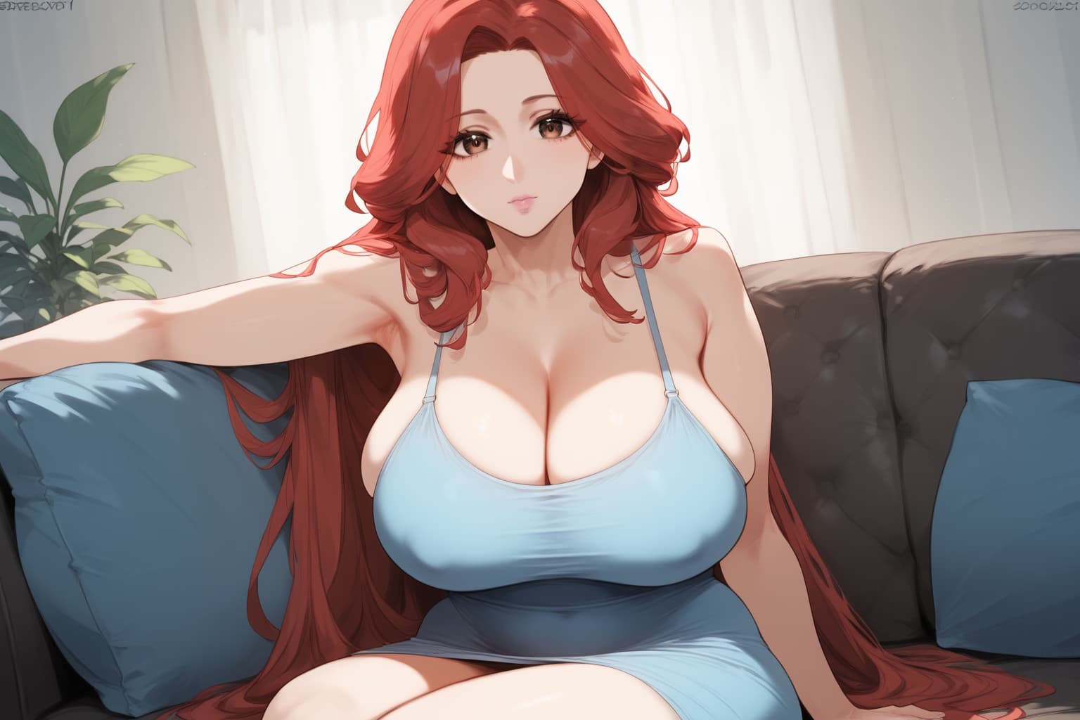 صورة الشخصية - sitting on couch, red hair, wearing light blue bra and matching skirt, breasts exposed, legs slightl