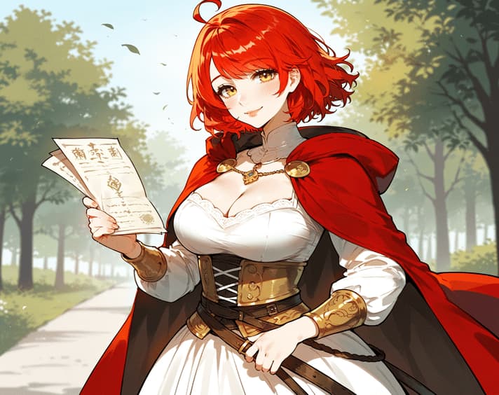 キャラクター画像 - happy and playful, standing outdoors in a forest path, holding a letter, wearing a white dress with