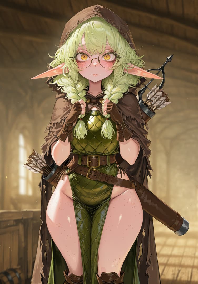 キャラクター画像 - elf archer with green hair and glasses, standing in a wooden interior, wearing a green scale mail ou