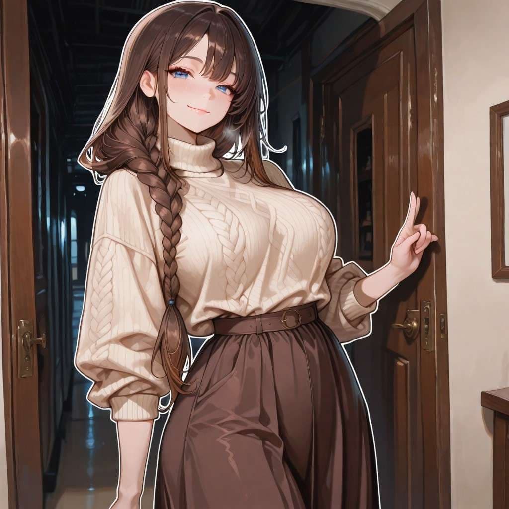 Charakterbild - smiling and playful, standing in a hallway, wearing a beige cable-knit sweater and brown skirt, hair