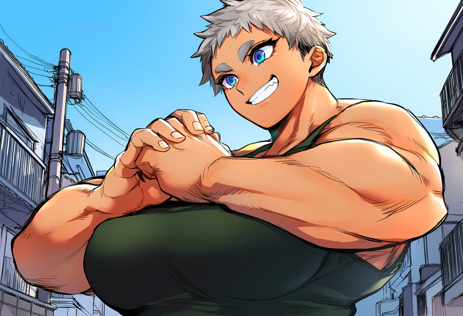 Immagine del personaggio - muscular man with spiky white hair and blue eyes, smiling widely, wearing a green tank top, sitting