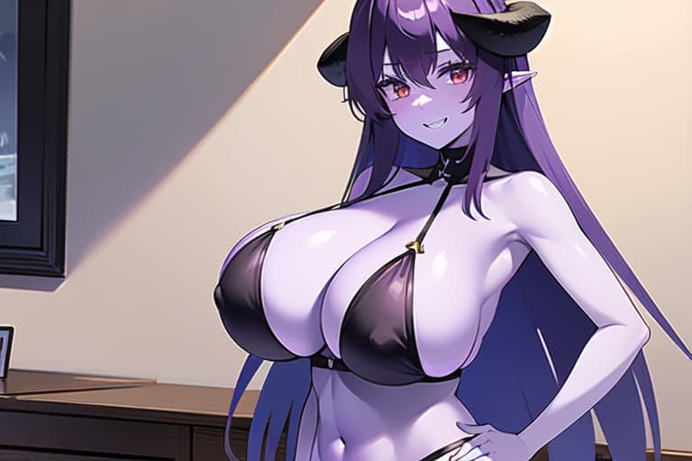 Immagine del personaggio - topless in bedroom, purple hair and horns, seductive expression, hands on hips, breasts exposed, con