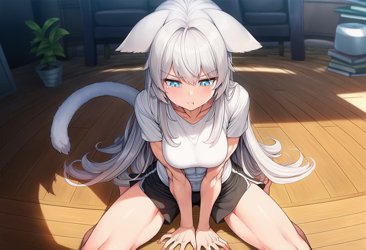 Immagine del personaggio - cat girl with white hair and blue eyes, kneeling on wooden floor, topless with short black shorts, t