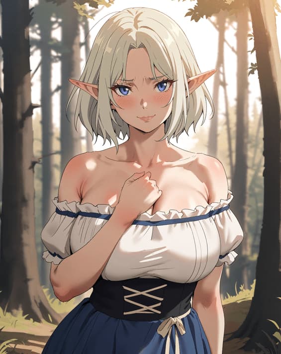 캐릭터 이미지 - elf woman in forest, shy expression, hands covering chest, off-shoulder blouse and corseted skirt, b