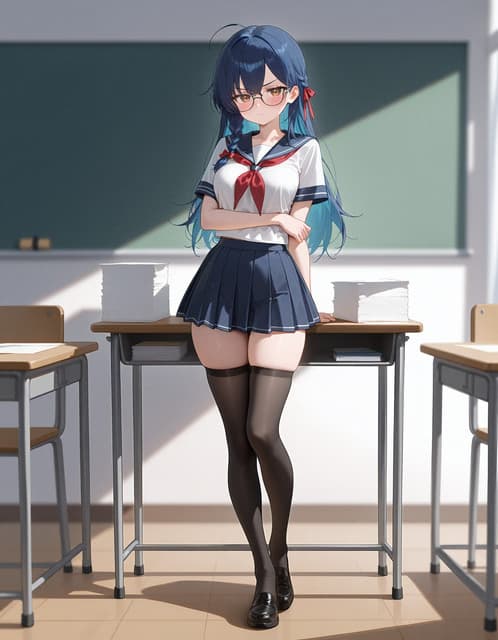 캐릭터 이미지 - standing in classroom, wearing school uniform with short pleated skirt and thigh-high stockings, arm