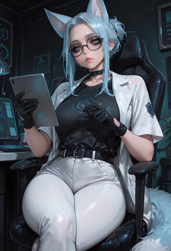 Charakterbild - sitting in gaming chair, wearing white lab coat over black top and tight white pants, holding tablet