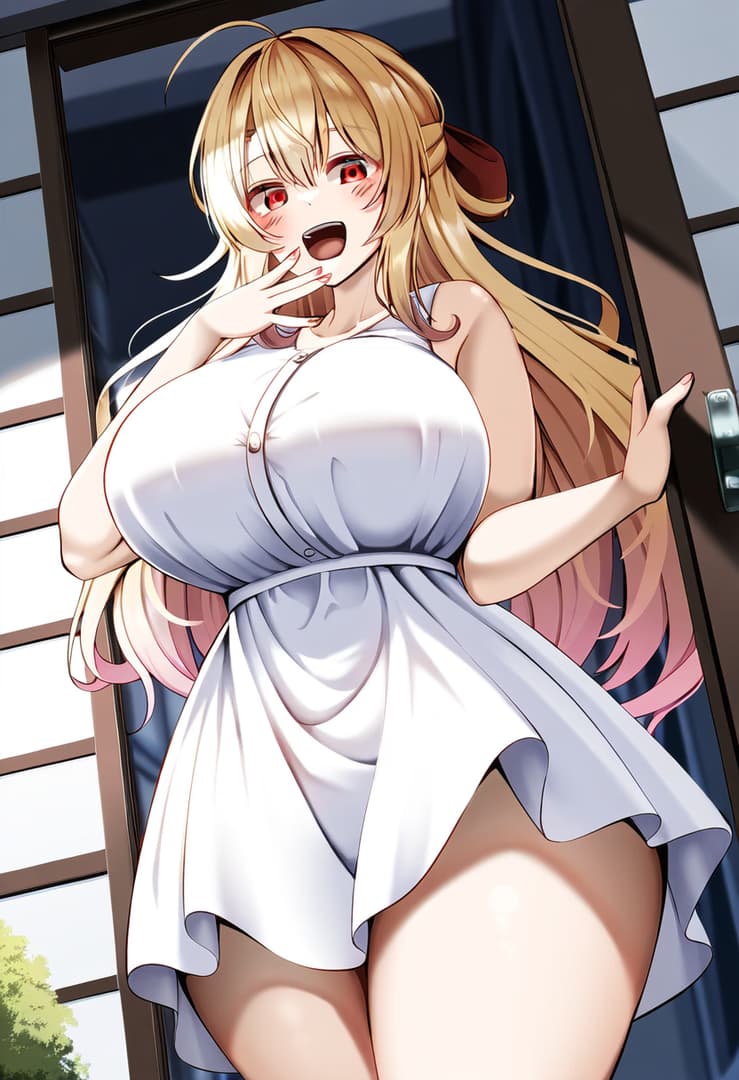 รูปภาพตัวละคร - nude on doorstep, legs spread, breasts exposed, hand covering mouth, aroused expression, blushing, s