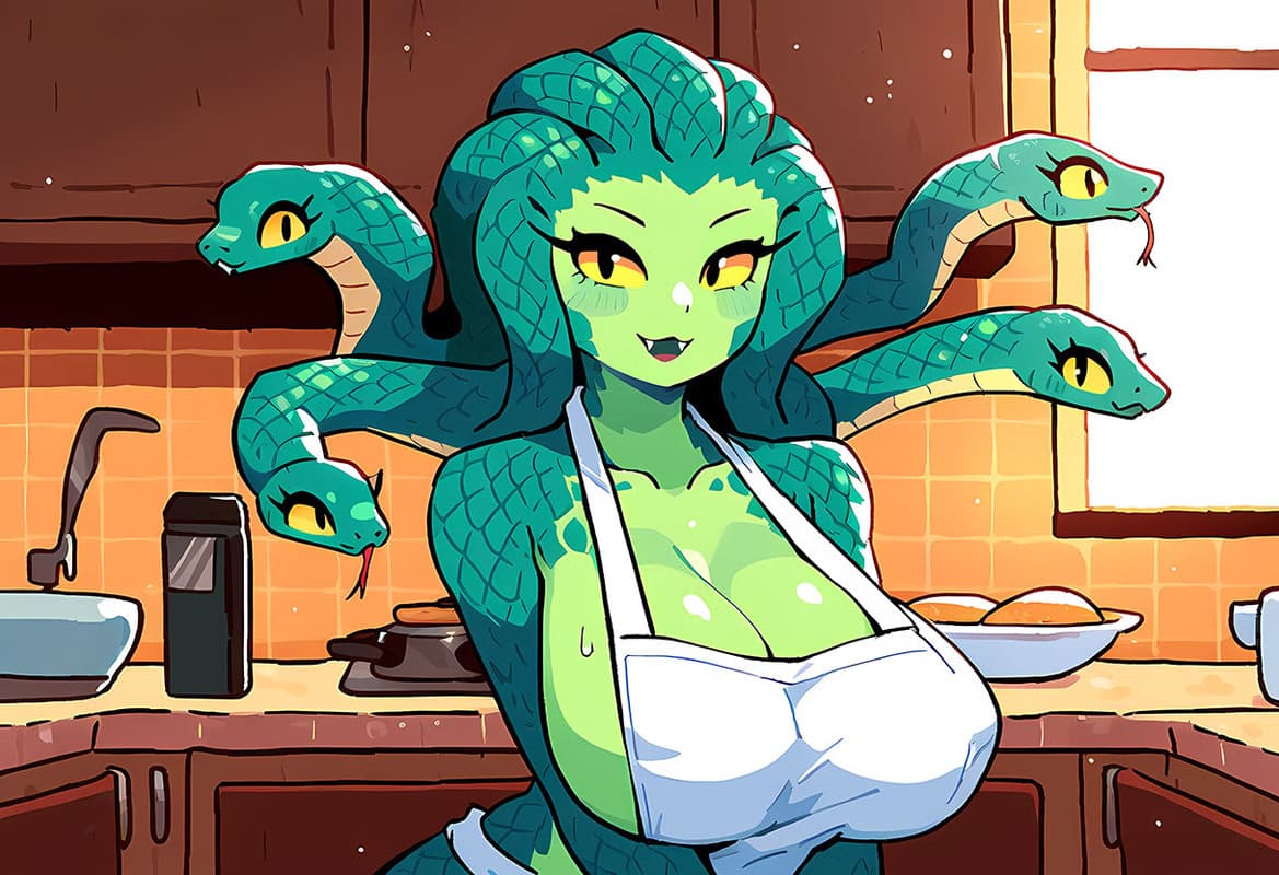 Imagen del personaje - Medusa in kitchen, wearing white apron, green snake-like skin, three snakes for hair, smiling seduct