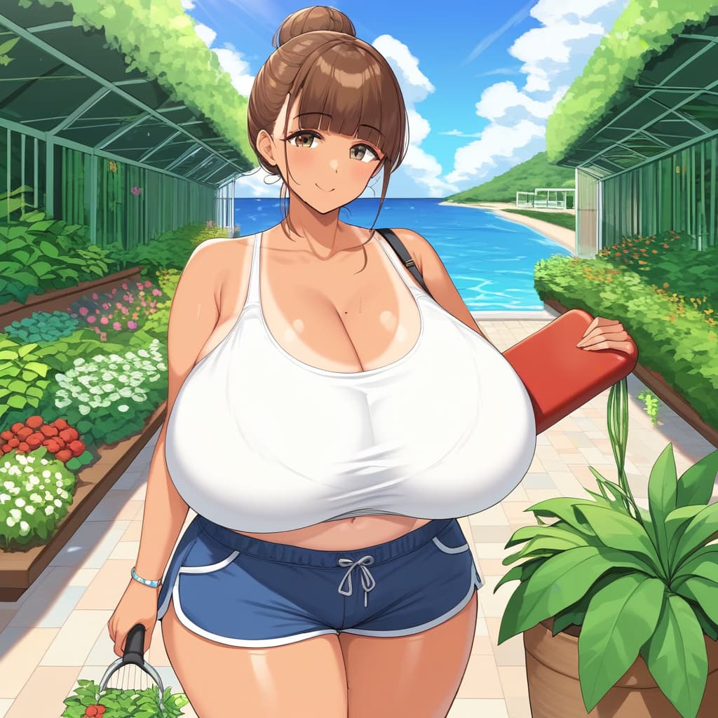 Karakter görseli - happy expression, standing in greenhouse with pool view, wearing white tank top and blue shorts, bre